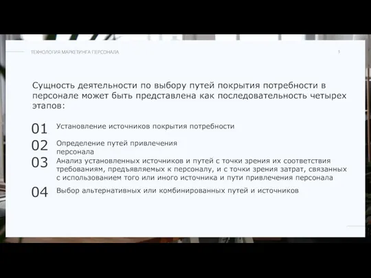 Установление источников покрытия потребности 01 Определение путей привлечения персонала 02 Анализ установленных