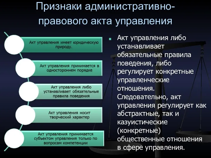 Признаки административно-правового акта управления Акт управления либо устанавливает обязательные правила поведения, либо