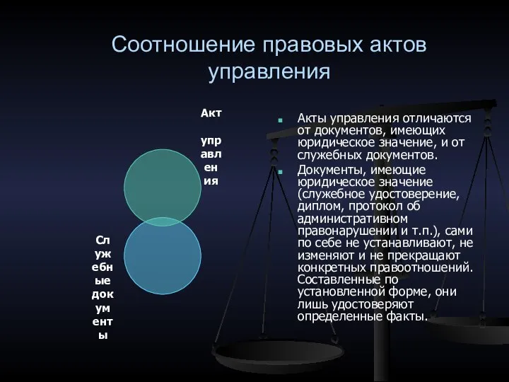 Соотношение правовых актов управления Акты управления отличаются от документов, имеющих юридическое значение,