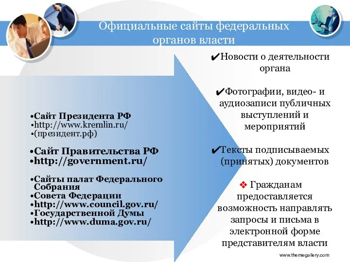 Официальные сайты федеральных органов власти Сайт Президента РФ http://www.kremlin.ru/ (президент.рф) Сайт Правительства
