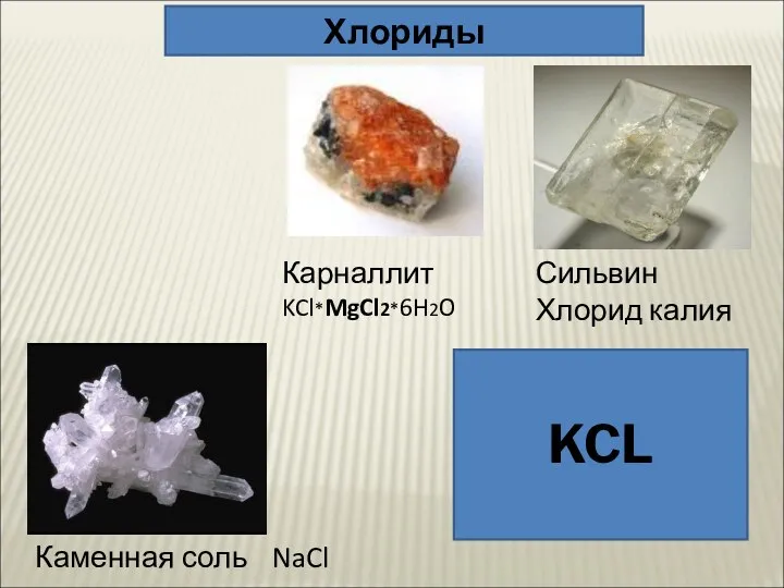 KCL Хлориды Каменная соль NaCl Карналлит KCl*MgCl2*6H2O Сильвин Хлорид калия