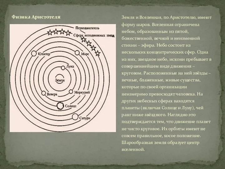 Земля и Вселенная, по Аристотелю, имеют форму шаров. Вселенная ограничена небом, образованным