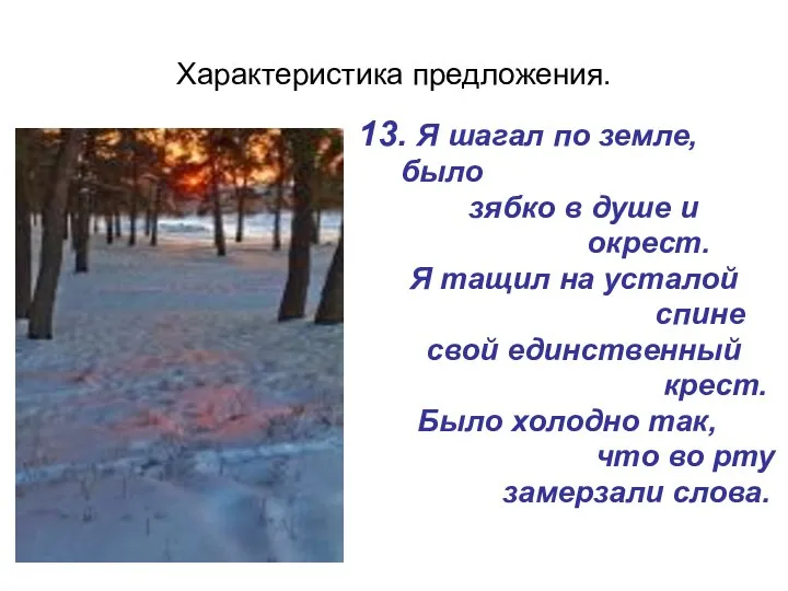 Характеристика предложения. 13. Я шагал по земле, было зябко в душе и