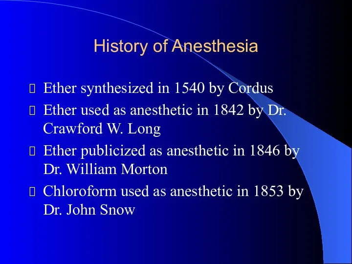 History of Anesthesia Ether synthesized in 1540 by Cordus Ether used as