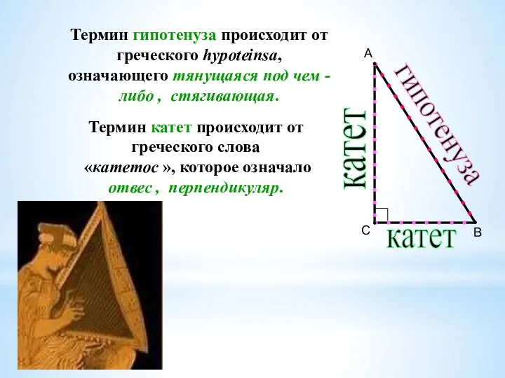 А В С Термин гипотенуза происходит от греческого hypoteinsa, означающего тянущаяся под