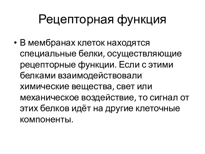 Рецепторная функция В мембранах клеток находятся специальные белки, осуществляющие рецепторные функции. Если