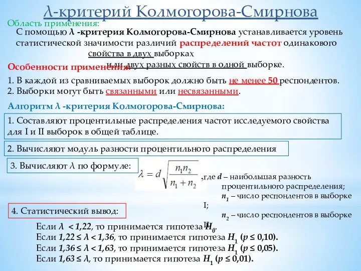 λ-критерий Колмогорова-Смирнова С помощью λ -критерия Колмогорова-Смирнова устанавливается уровень статистической значимости различий