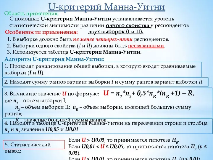 U-критерий Манна-Уитни С помощью U-критерия Манна-Уитни устанавливается уровень статистической значимости различий одного