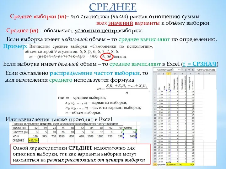 СРЕДНЕЕ Среднее выборки (m)– это статистика (число) равная отношению суммы всех значений