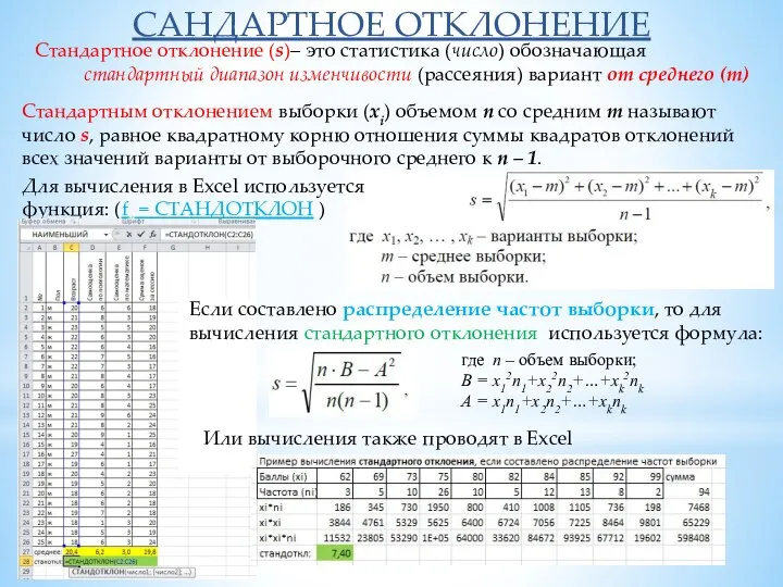 САНДАРТНОЕ ОТКЛОНЕНИЕ Стандартное отклонение (s)– это статистика (число) обозначающая стандартный диапазон изменчивости