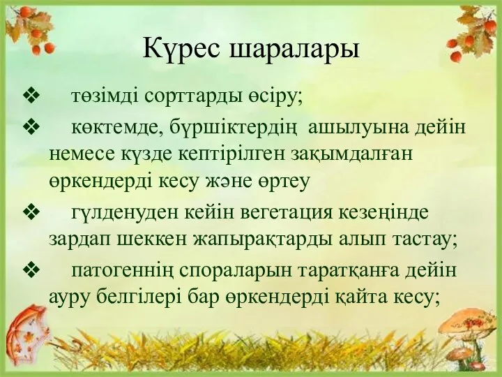 Күрес шаралары төзімді сорттарды өсіру; көктемде, бүршіктердің ашылуына дейін немесе күзде кептірілген