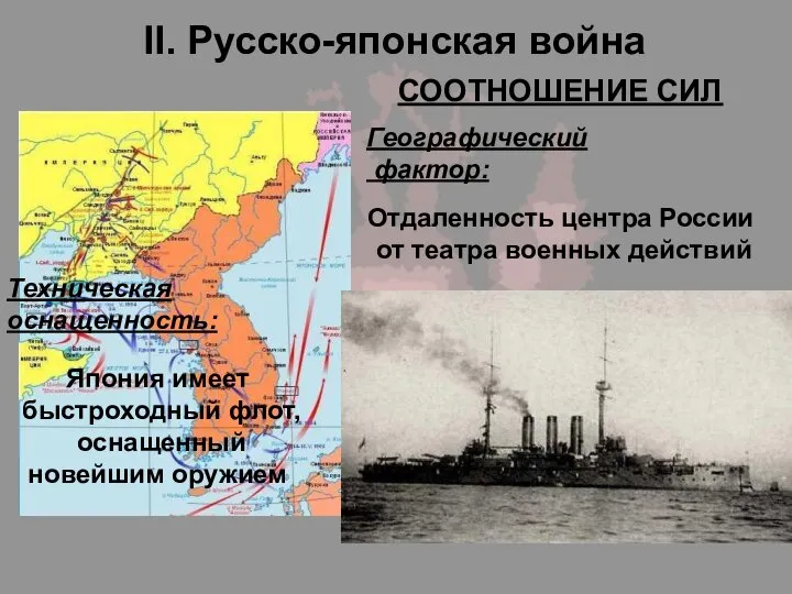 II. Русско-японская война СООТНОШЕНИЕ СИЛ Географический фактор: Отдаленность центра России от театра