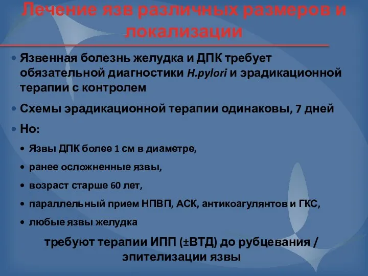 Язвенная болезнь желудка и ДПК требует обязательной диагностики H.pylori и эрадикационной терапии