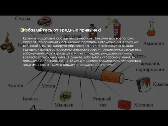 Избавляйтесь от вредных привычек! Курение и здоровые сосуды несовместимы. Никотин вызывает спазм