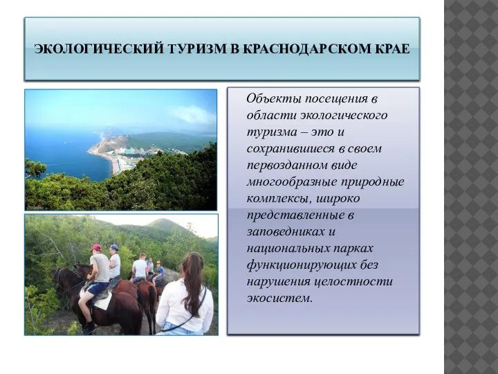 ЭКОЛОГИЧЕСКИЙ ТУРИЗМ В КРАСНОДАРСКОМ КРАЕ Объекты посещения в области экологического туризма –