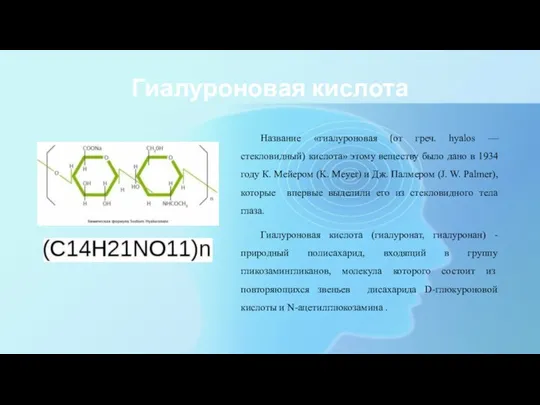 Гиалуроновая кислота Название «гиалуроновая (от греч. hyalos — стекловидный) кислота» этому веществу