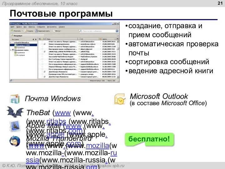 Почтовые программы Почта Windows Microsoft Outlook (в составе Microsoft Office) TheBat (www