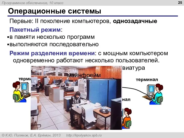 Операционные системы Первые: II поколение компьютеров, однозадачные Пакетный режим: в памяти несколько