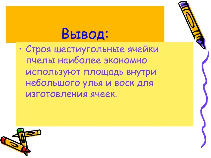 Вывод: Строя шестиугольные ячейки пчелы наиболее экономно используют площадь внутри небольшого улья