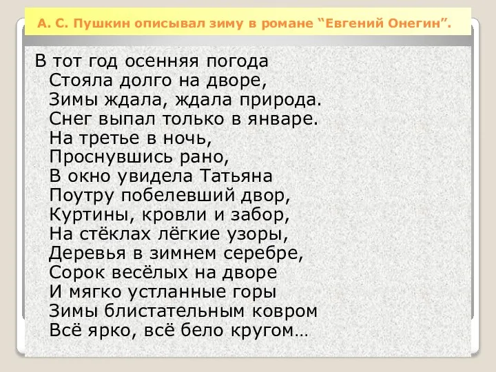 А. С. Пушкин описывал зиму в романе “Евгений Онегин”. В тот год