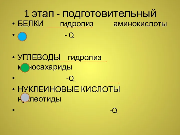 1 этап - подготовительный БЕЛКИ гидролиз аминокислоты - Q УГЛЕВОДЫ гидролиз моносахариды