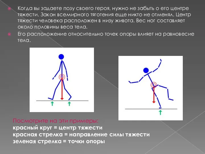 Посмотрите на эти примеры: красный круг = центр тяжести красная стрелка =