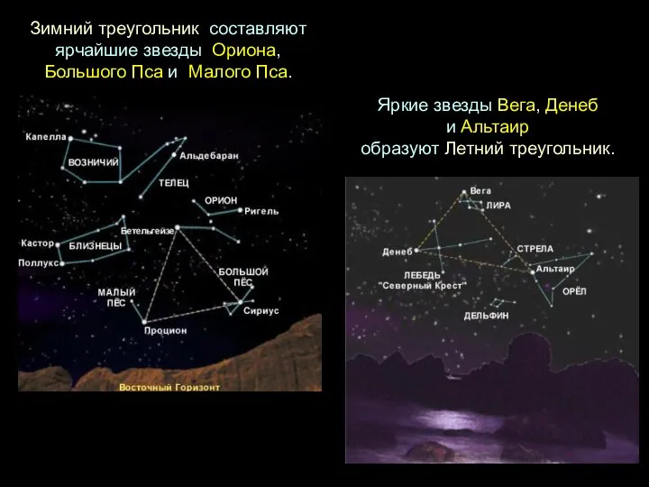 Зимний треугольник составляют ярчайшие звезды Ориона, Большого Пса и Малого Пса. Яркие