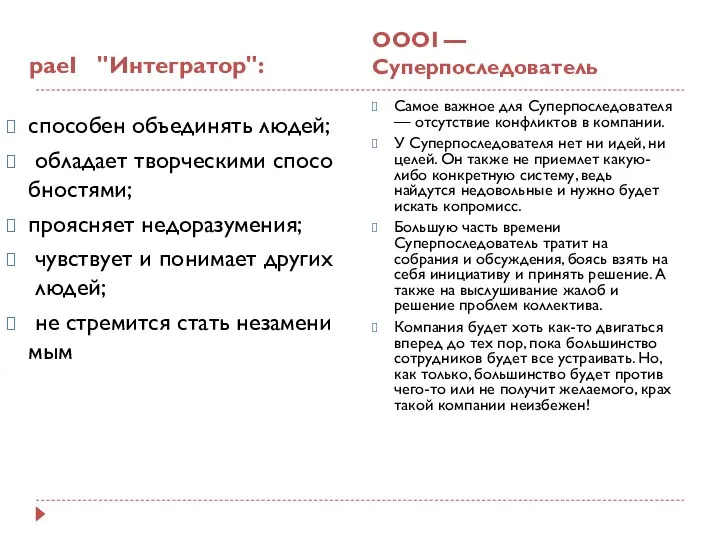 paeI "Интегратор": ОООI — Суперпоследователь способен объединять людей; обладает творческими способностями; проясняет