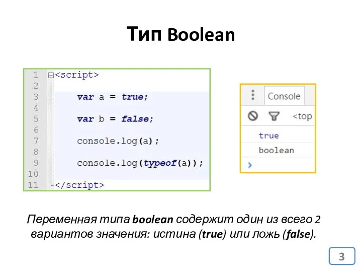 Тип Boolean Переменная типа boolean содержит один из всего 2 вариантов значения: