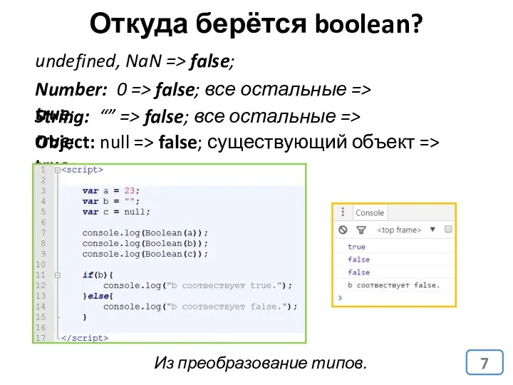 Откуда берётся boolean? Из преобразование типов. undefined, NaN => false; Number: 0