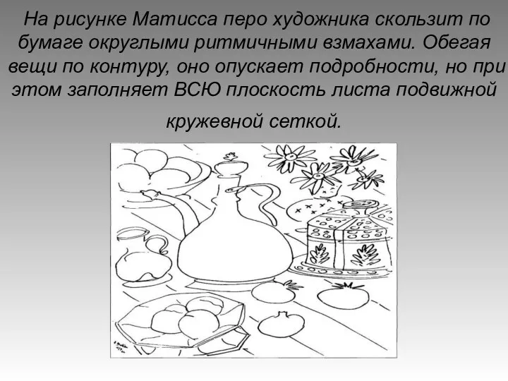 На рисунке Матисса перо художника скользит по бумаге округлыми ритмичными взмахами. Обегая