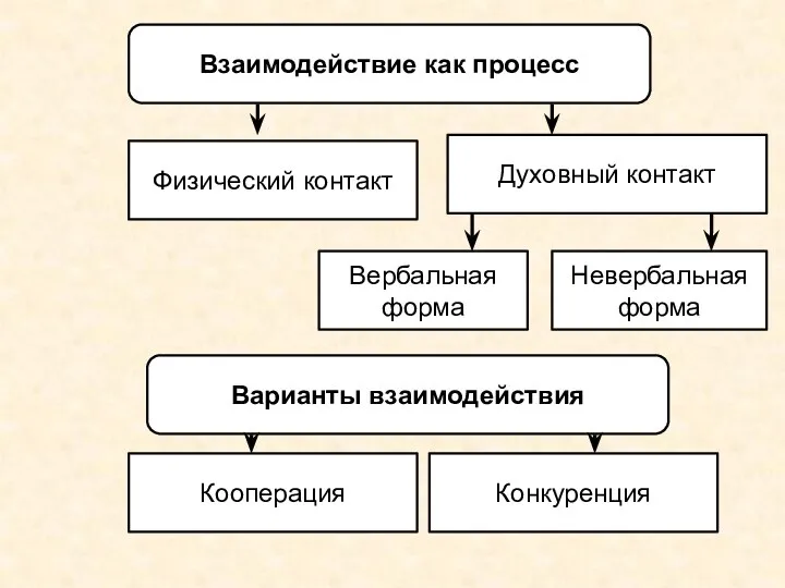 Взаимодействие как процесс Физический контакт Духовный контакт Вербальная форма Невербальная форма Варианты взаимодействия Кооперация Конкуренция