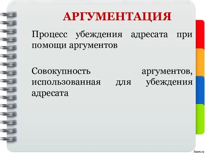 АРГУМЕНТАЦИЯ Процесс убеждения адресата при помощи аргументов Совокупность аргументов, использованная для убеждения адресата