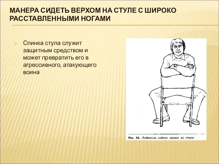 МАНЕРА СИДЕТЬ ВЕРХОМ НА СТУЛЕ С ШИРОКО РАССТАВЛЕННЫМИ НОГАМИ Спинка стула служит