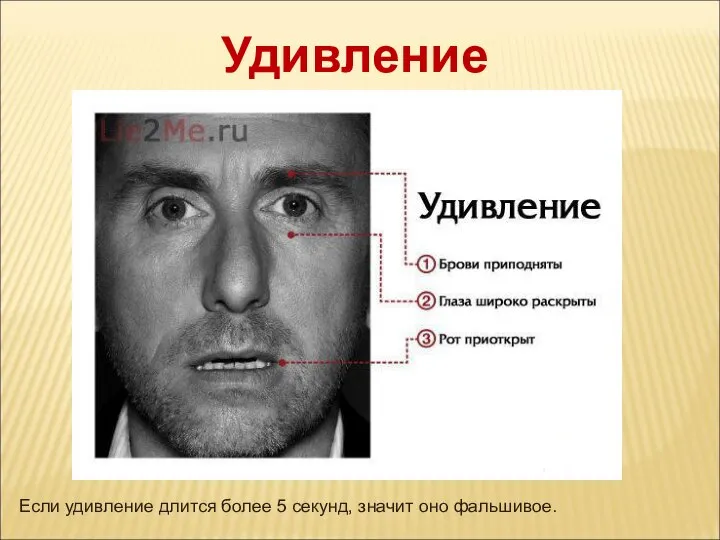 Удивление Если удивление длится более 5 секунд, значит оно фальшивое.