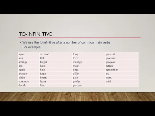 TO-INFINITIVE We use the to-infinitive after a number of common main verbs. For example: