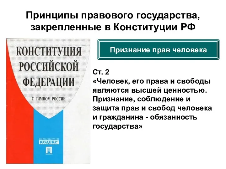 Принципы правового государства, закрепленные в Конституции РФ Признание прав человека Ст. 2