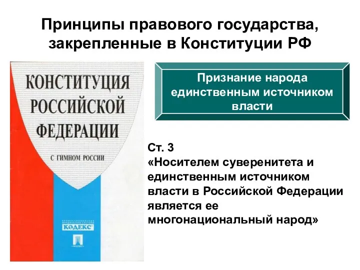 Принципы правового государства, закрепленные в Конституции РФ Признание народа единственным источником власти