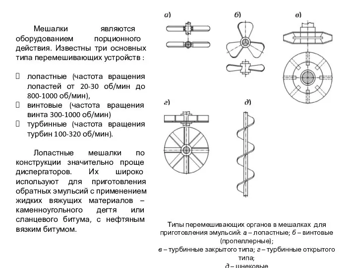 Типы перемешивающих органов в мешалках для приготовления эмульсий: а – лопастные; б