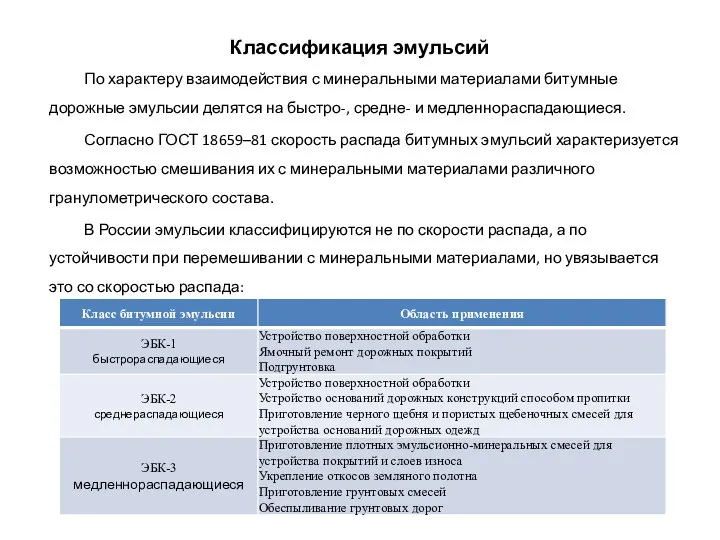 Классификация эмульсий По характеру взаимодействия с минеральными материалами битумные дорожные эмульсии делятся