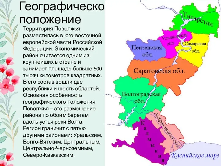 Географическое положение Территория Поволжья разместилась в юго-восточной европейской части Российской Федерации. Экономический