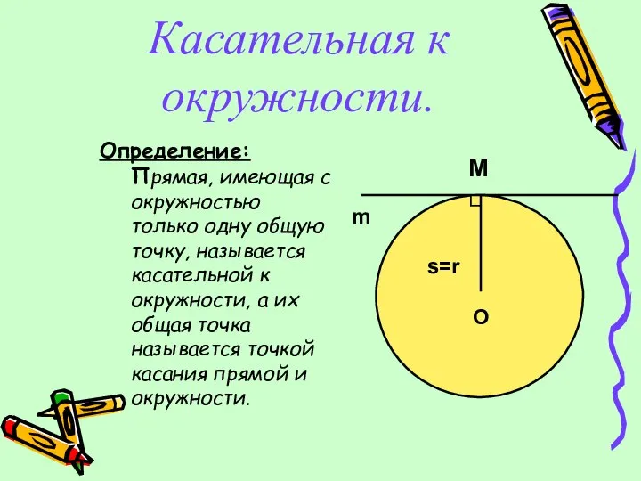 Касательная к окружности. Определение: Прямая, имеющая с окружностью только одну общую точку,