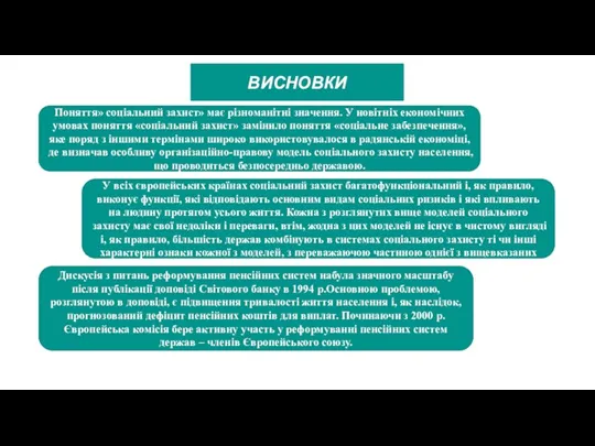 ВИСНОВКИ Поняття» соціальний захист» має різноманітні значення. У новітніх економічних умовах поняття