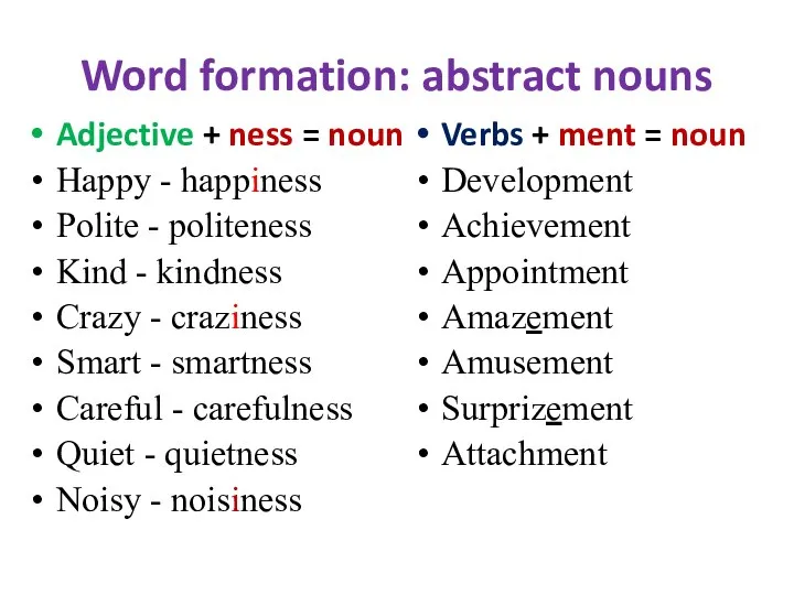 Word formation: abstract nouns Adjective + ness = noun Happy - happiness