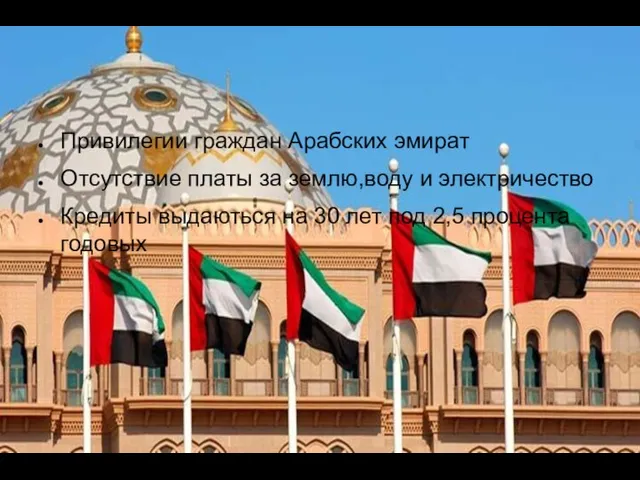 Привилегии граждан Арабских эмират Отсутствие платы за землю,воду и электричество Кредиты выдаються