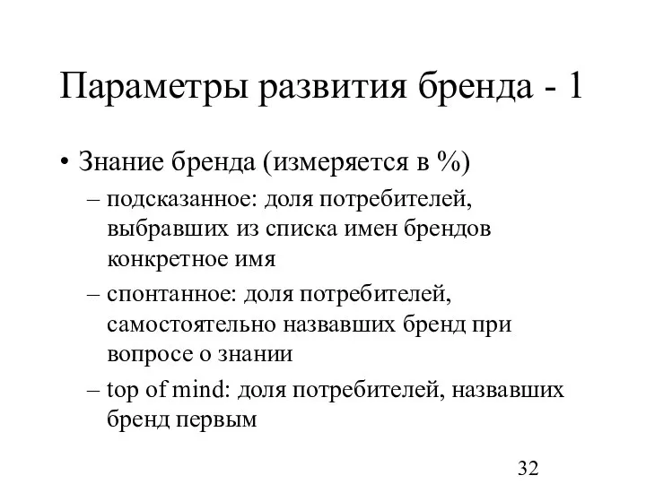 Параметры развития бренда - 1 Знание бренда (измеряется в %) подсказанное: доля