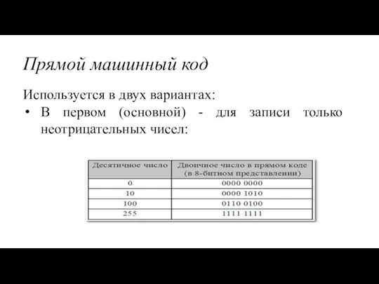 Прямой машинный код Используется в двух вариантах: В первом (основной) - для записи только неотрицательных чисел: