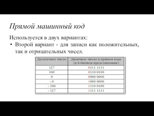 Прямой машинный код Используется в двух вариантах: Второй вариант - для записи