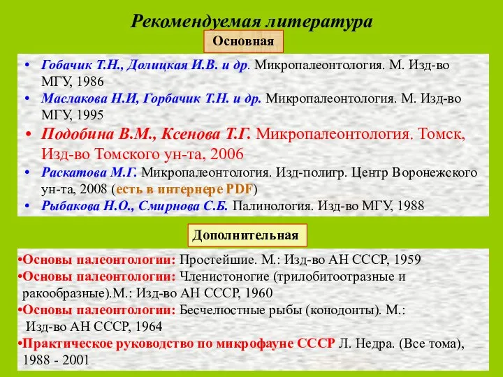 Рекомендуемая литература Гобачик Т.Н., Долицкая И.В. и др. Микропалеонтология. М. Изд-во МГУ,