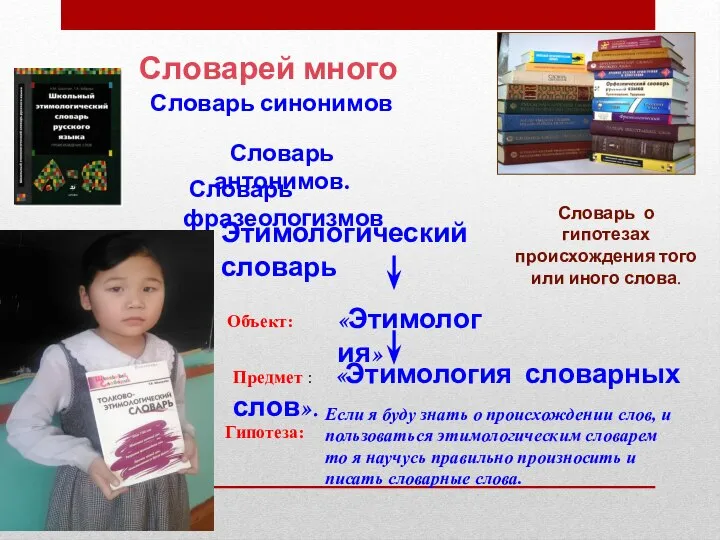 Словарей много Словарь синонимов Словарь фразеологизмов Этимологический словарь Словарь антонимов. «Этимология» Объект: